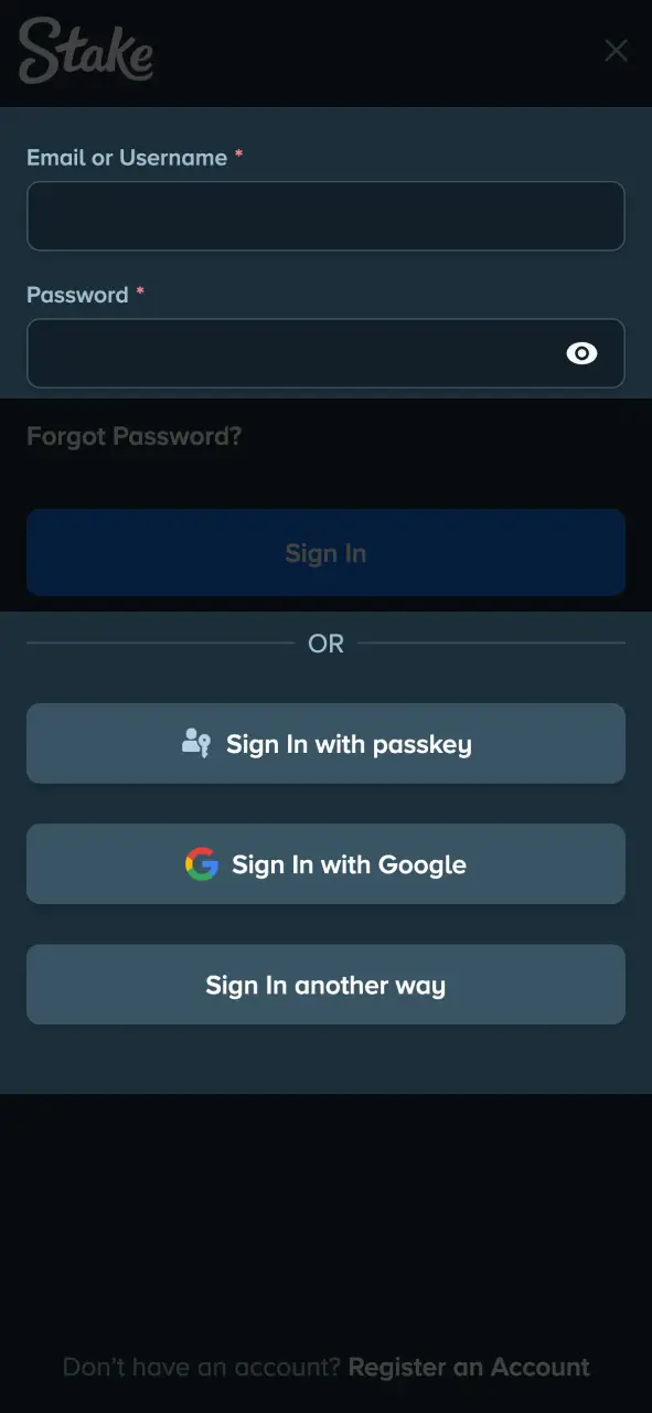 Choose your authentication method for a secure login process at Stake.