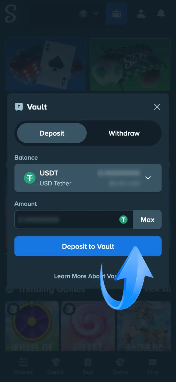 Make a deposit on the Stake platform using secure payment methods.