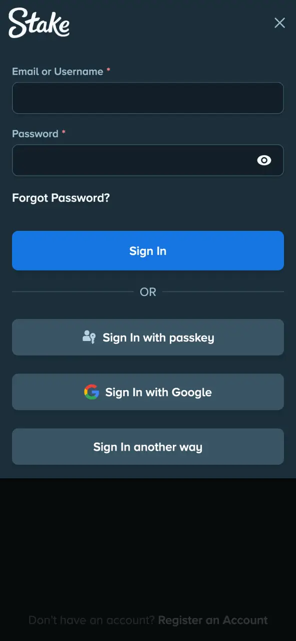 Login to your personal Stake profile to begin the cashout process.