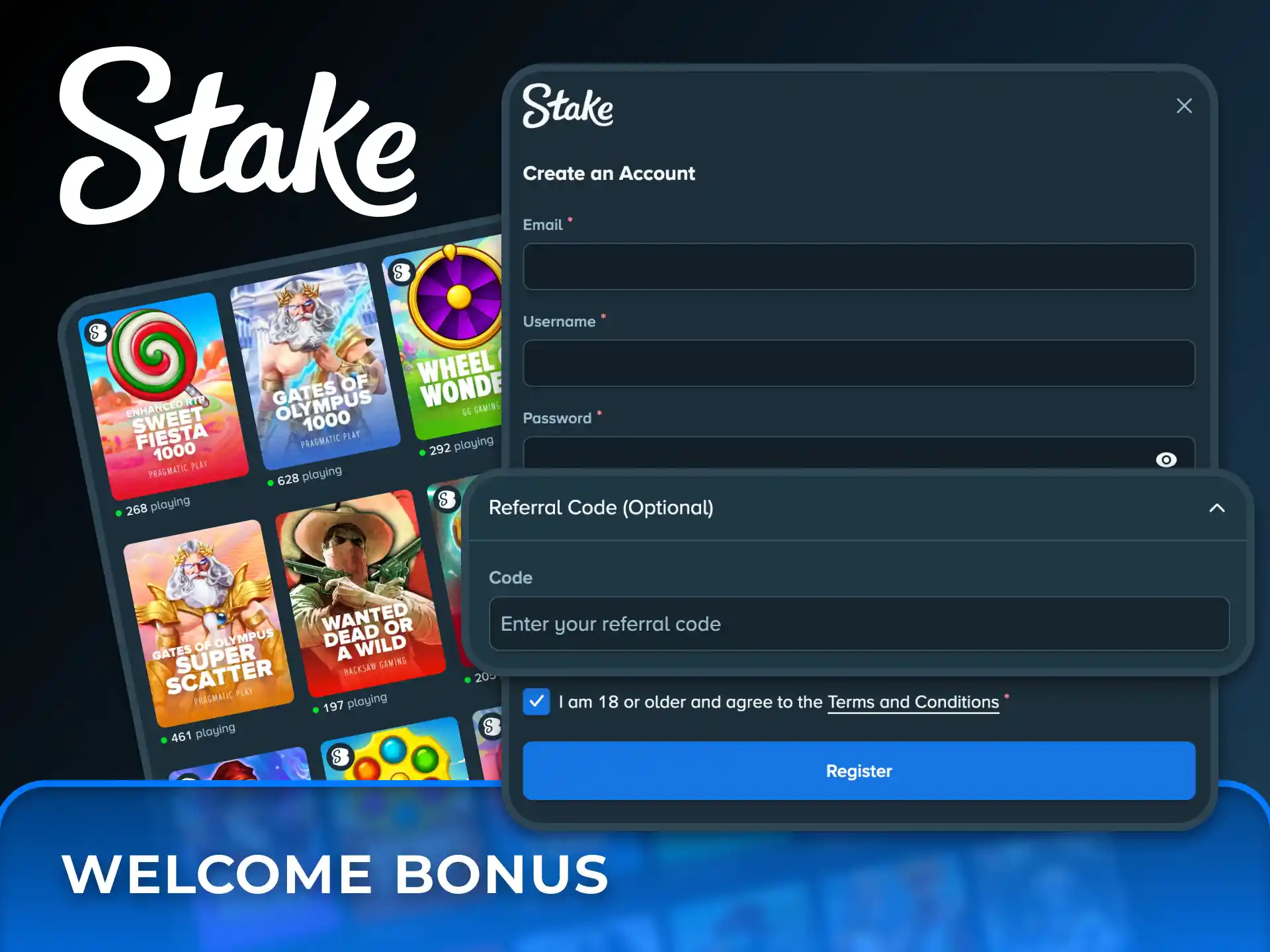 Claim your Stake welcome bonus and start playing with extra funds.