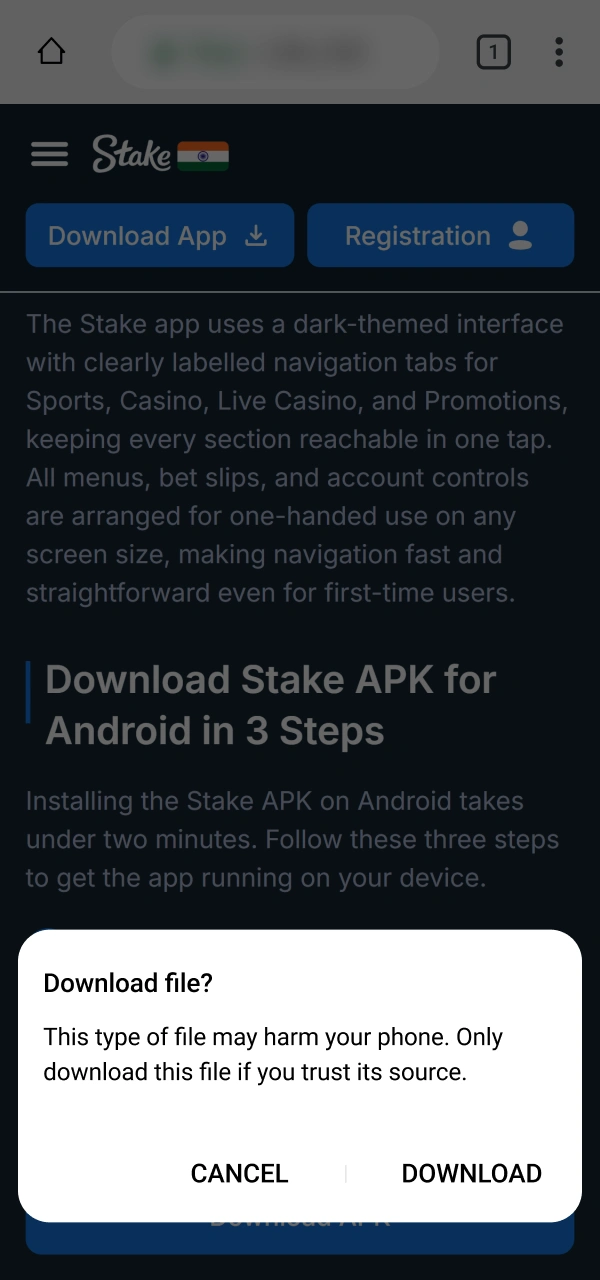 Save the secure mobile file when you download Stake APK Android.