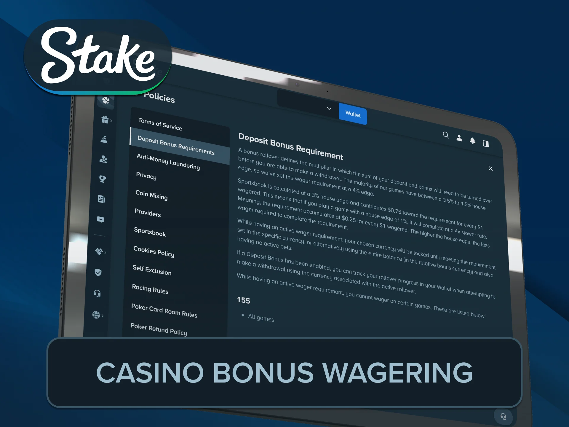 Read the exact multiplier play-through conditions for this casino Stake Bonus.