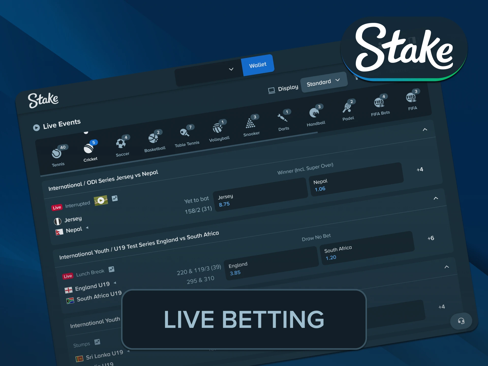 Predict dynamic match situations using interactive real-time live Stake Cricket lines.
