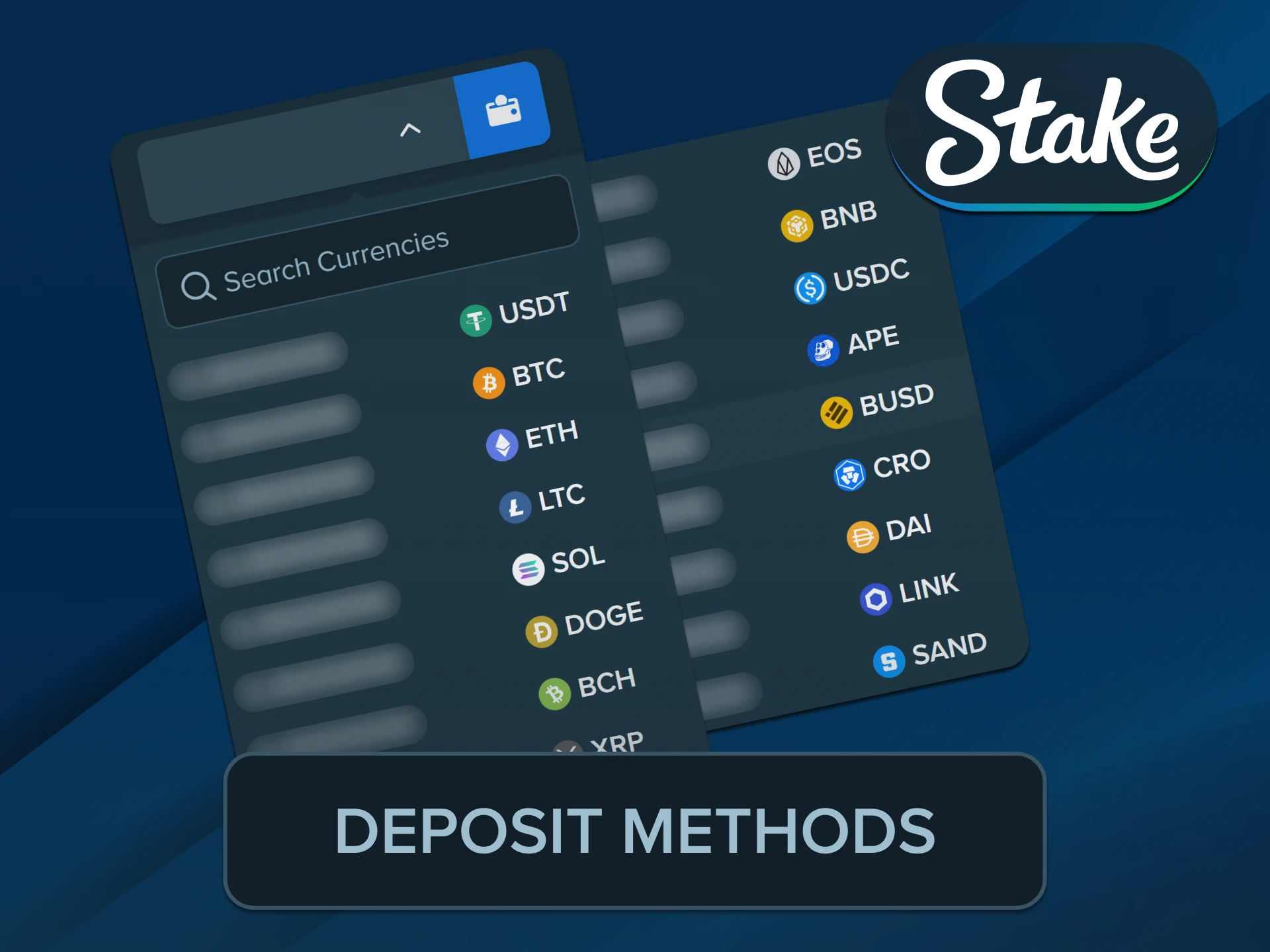 Select popular localized banking transfers for your initial Stake Deposit transaction.