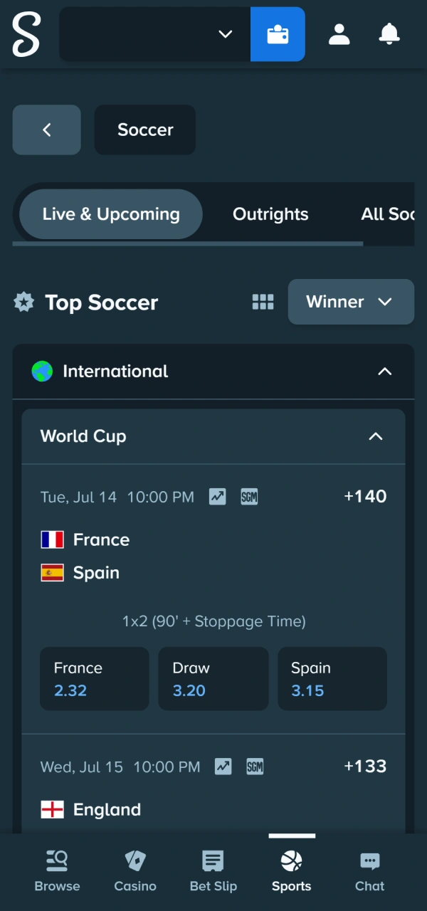 Open the complete online sportsbook catalog checking how to start football betting Stake.