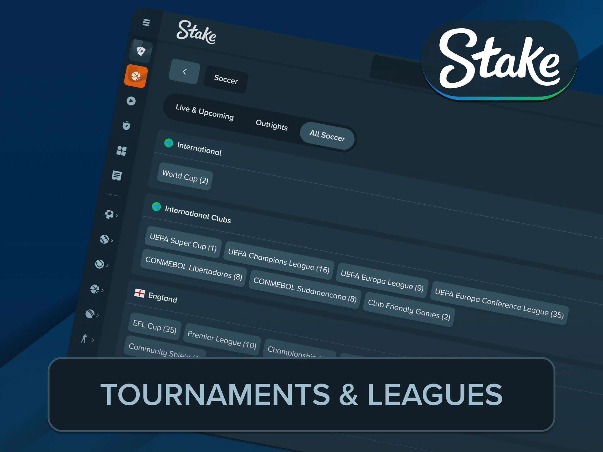 Predict match outcomes in top global championships sorting current Stake Football lines.
