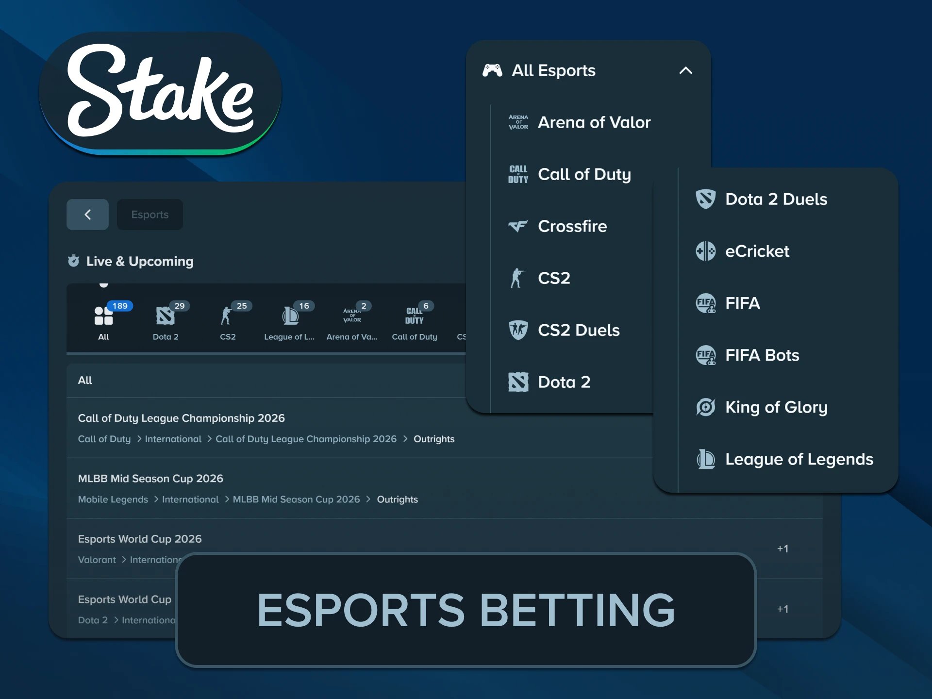 Wager on popular cyber tournament events through high-odds Stake eSports options.