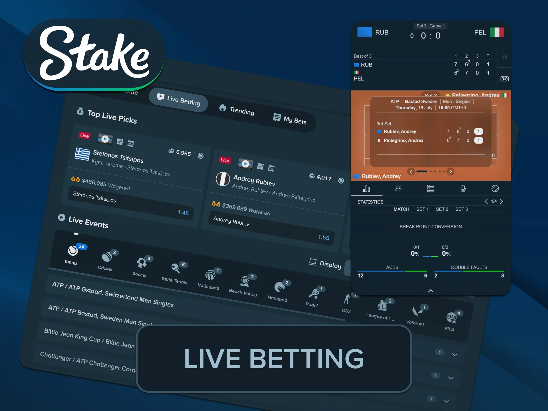 Place dynamic real-time bets on live matches using Stake sportsbook.