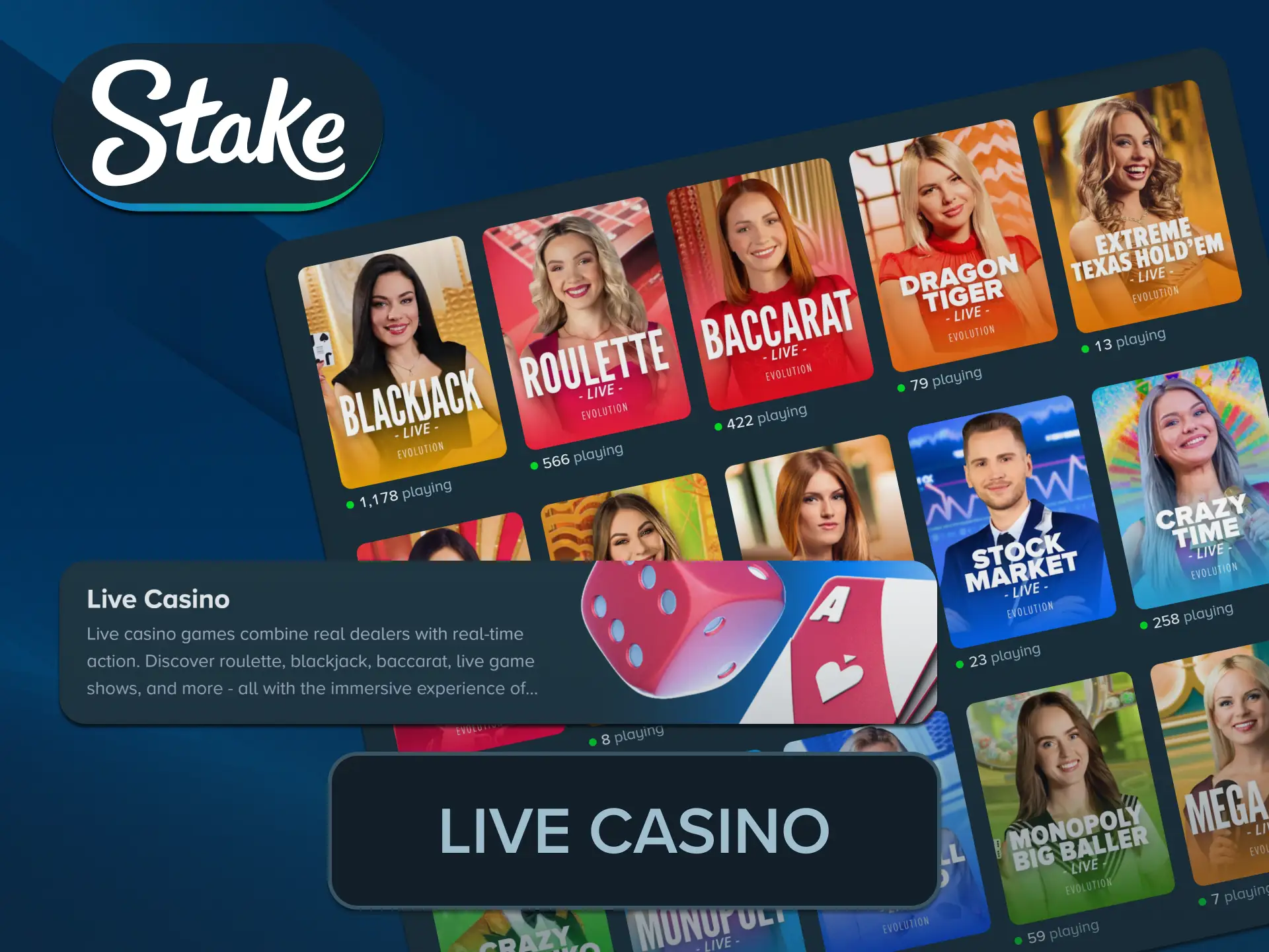Play roulette with real professional dealers at Stake live casino rooms.