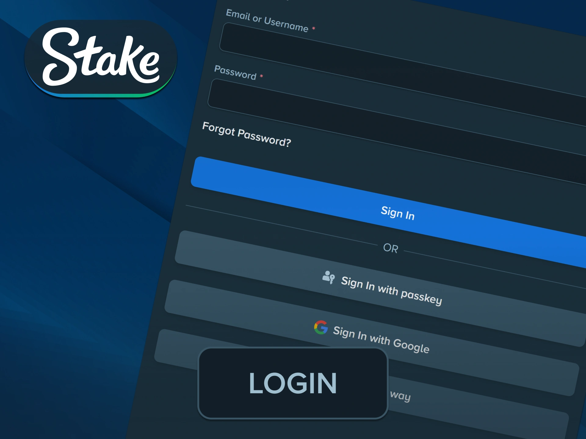 Sign in to your verified betting profile using Stake login options.