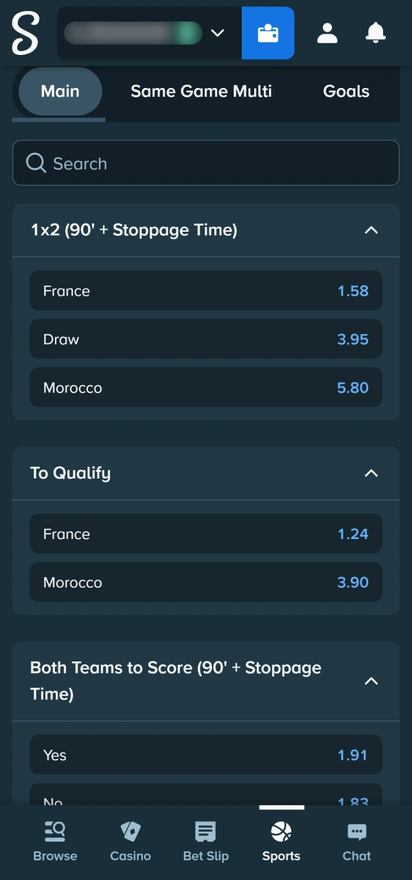 Click current odds when learning how to make the first bet.