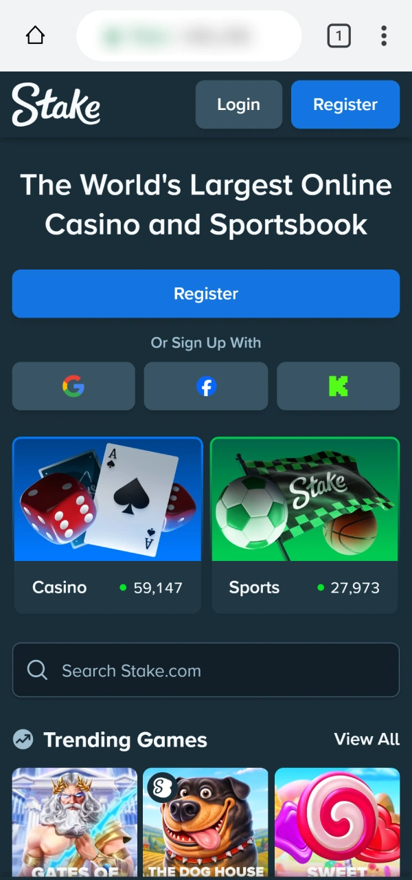 Launch the smartphone internet page on how to register on Stake app.