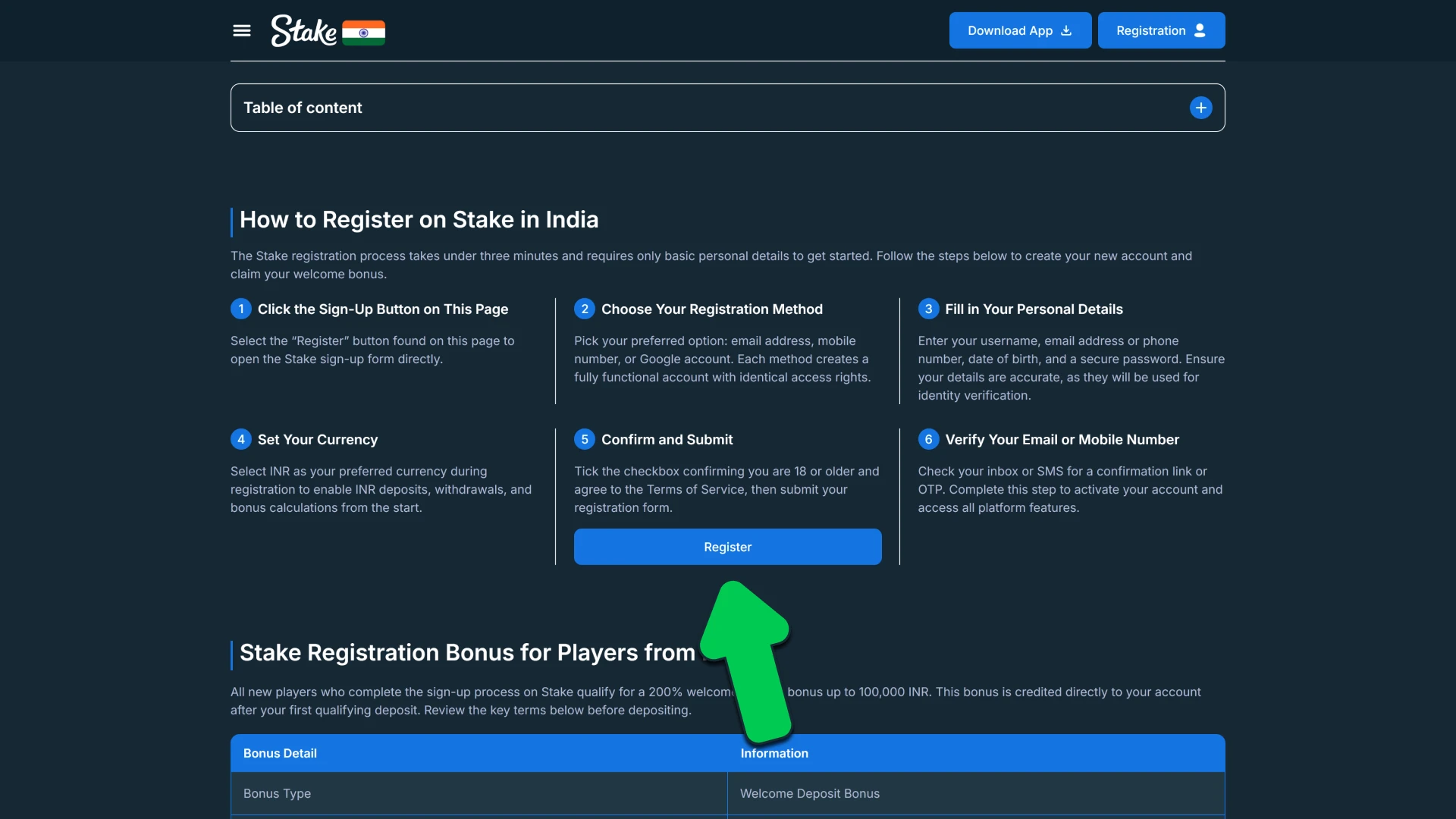 Press the prominent joining link on how to register on Stake.