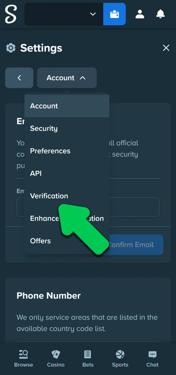 Access your profile control panel on how to verify account Stake.
