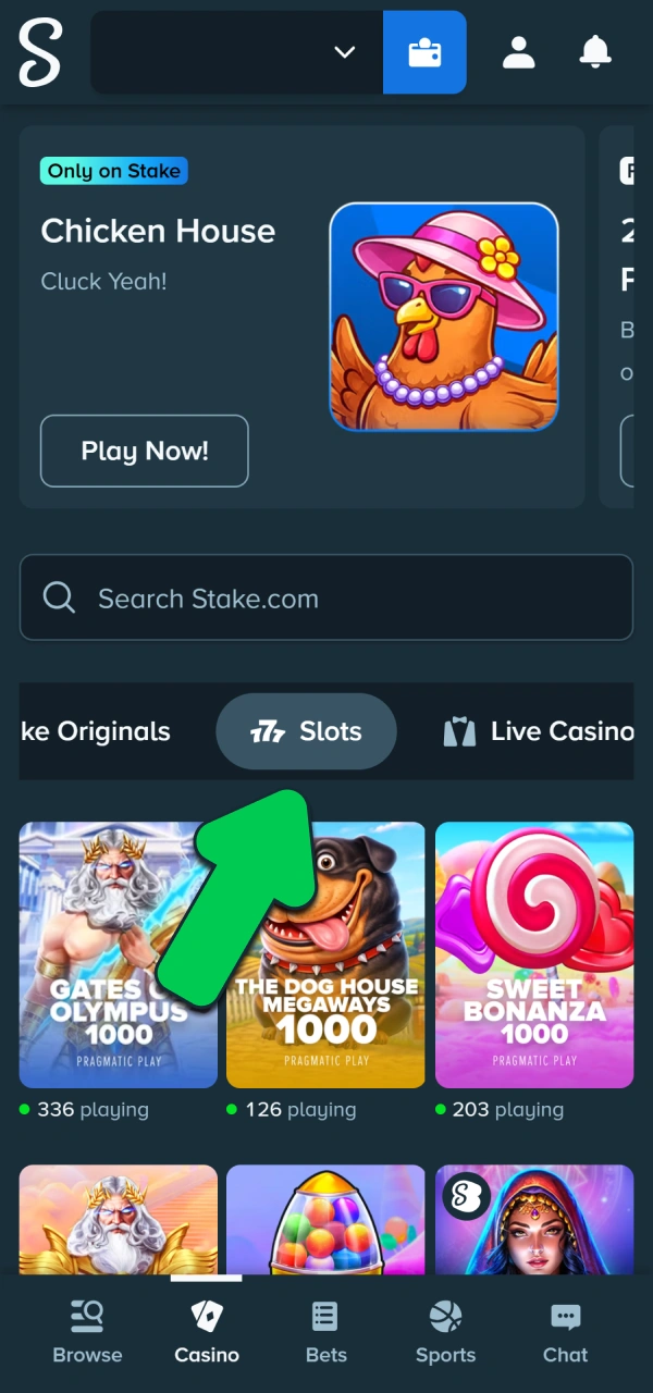 Browse the massive Stake's gaming collection to play slot games.