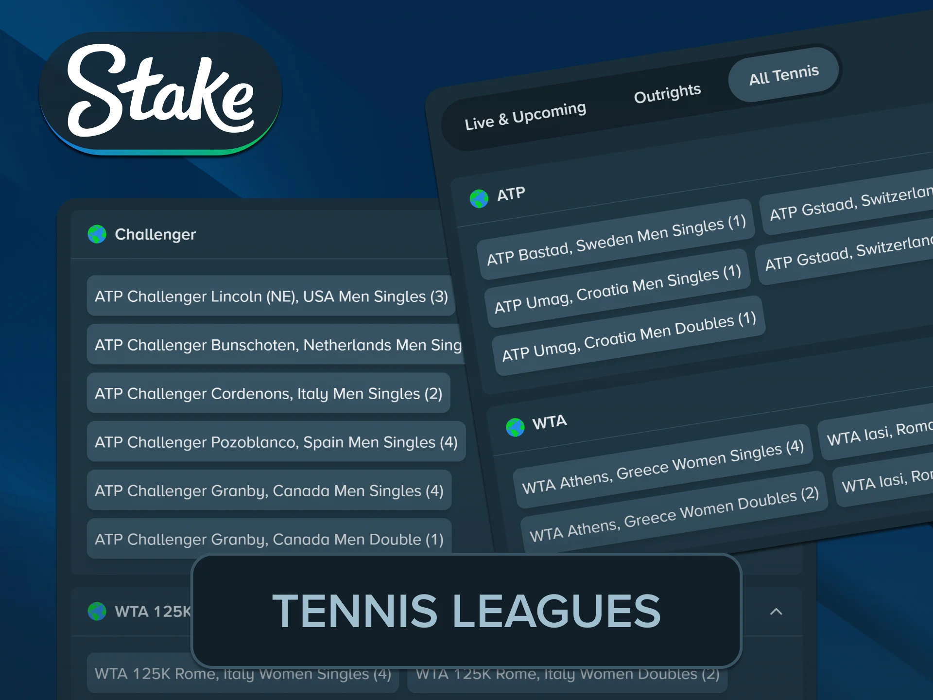 Follow elite global professional court tournaments sorting premium online Stake Tennis options.