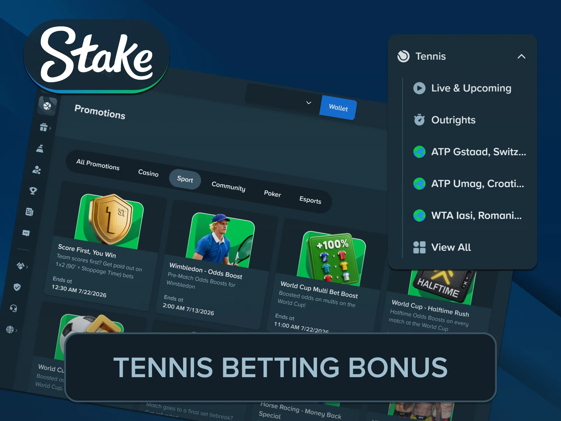 Grab exclusive percentage promotional voucher gifts to wager on virtual Stake Tennis.