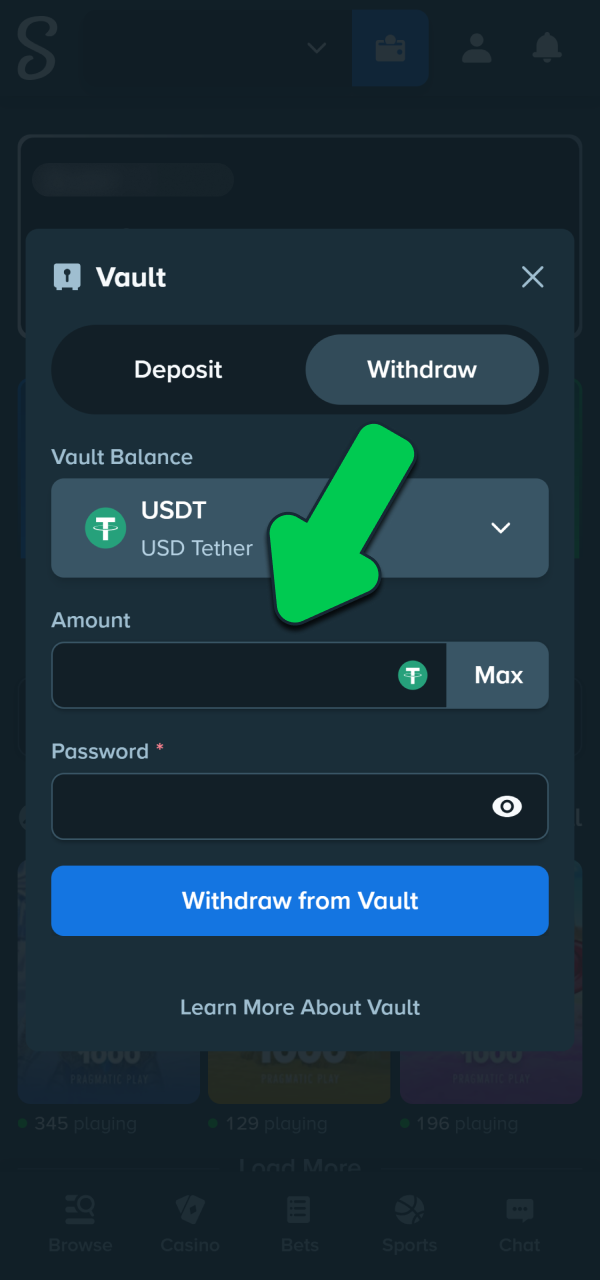 Specify your wallet address destination to withdraw money from Stake today.